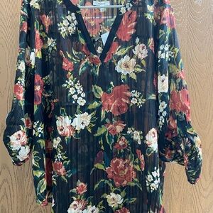 Maurices Black Floral Blouse with Red and White Accents